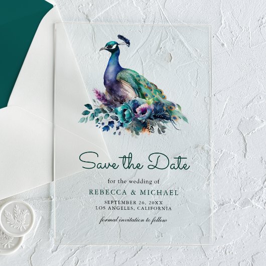 エメラルドグリーンの花と孔雀の結婚式Save the Date アクリル招待状