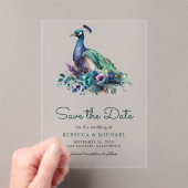 エメラルドグリーンの花と孔雀の結婚式Save the Date アクリル招待状 (インサイチュ (ポータブル))