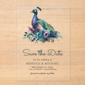 エメラルドグリーンの花と孔雀の結婚式Save the Date アクリル招待状 (正面)