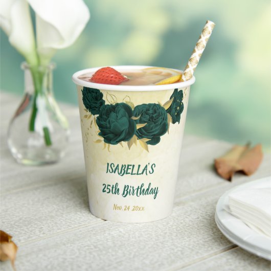 エメラルドグリーンの花と金ゴールド葉 紙コップ (インサイチュ)