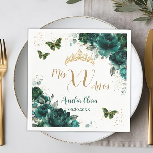 エメラルドグリーンの花のキンセアニエラ ゴールドの蝶 スタンダードカクテルナプキン