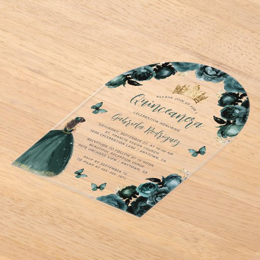 エメラルドグリーンの花のバラの水彩画 キンセアニエラ アクリル招待状 (レイダウン)