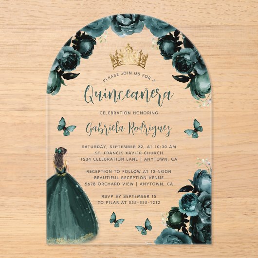 エメラルドグリーンの花のバラの水彩画 キンセアニエラ アクリル招待状 (正面)