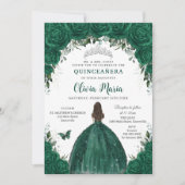 エメラルドグリーンの花のプリンセスシルバーQuinceañera 招待状 (正面)