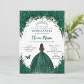 エメラルドグリーンの花のプリンセスシルバーQuinceañera 招待状 (スタンド正面)