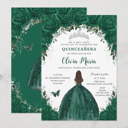 エメラルドグリーンの花のプリンセスシルバーQuinceañera 招待状 (正面/裏面)