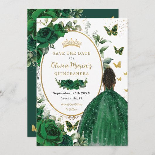 エメラルドグリーンの花のプリンセス ゴールドのキンセアニエラ セーブザデート (正面/裏面)