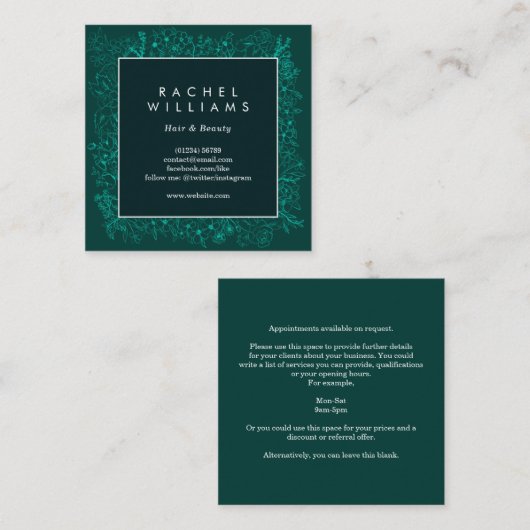 エメラルドグリーンの花のボーダー正方形の名刺 スクエア名刺 (正面/裏面)