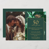 エメラルドグリーンの花のモダンな50周年記念写真 招待状 (正面/裏面)