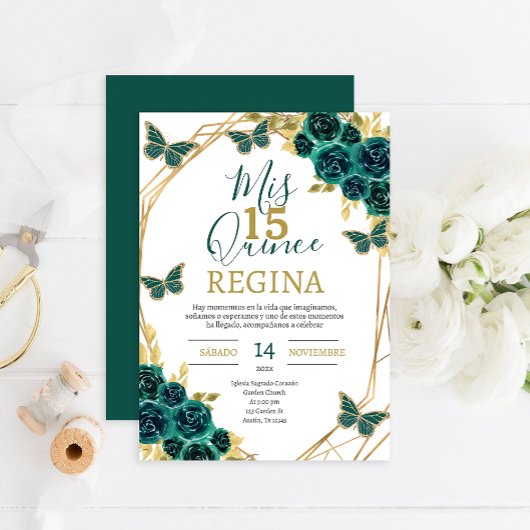 エメラルドグリーンの花の蝶のキンセアニエラ 招待状