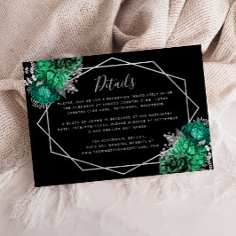 エメラルドグリーンの花をあしらったシルバーとブラックの結婚式の詳細 エンクロージャーカード