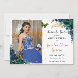 エメラルドグリーンの花柄のクイーンズ15歳の誕生日おめでとうカード 招待状
