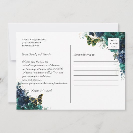 エメラルドグリーンの花柄のクイーンズ15歳の誕生日おめでとうカード 招待状 (裏面)