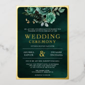 エメラルドグリーンの花柄フォト　インドの結婚式　ゴールド 箔招待状 (正面)