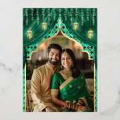エメラルドグリーンの花柄フォト　インドの結婚式　ゴールド 箔招待状 (裏面)