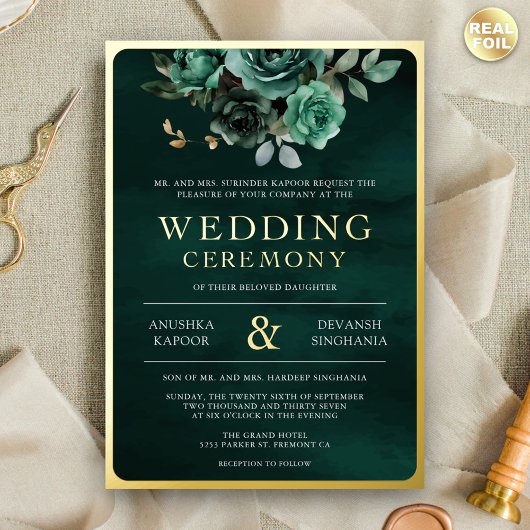 エメラルドグリーンの花柄フォト　インドの結婚式　ゴールド 箔招待状
