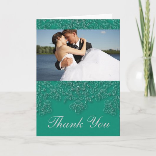 エメラルドグリーンの花柄 ウェディング フォト サンクス サンキューカード (正面)