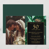 エメラルドグリーンの花模様とゴールドの50周年記念写真 招待状 (正面/裏面)