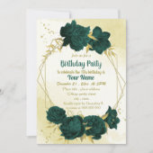 エメラルドグリーンの花離れ金ゴールド誕生日 招待状 (正面)