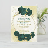 エメラルドグリーンの花離れ金ゴールド誕生日 招待状 (スタンド正面)