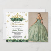 エメラルドグリーンの花飾り蝶のティアラ キンセアニエラ 招待状 (正面)