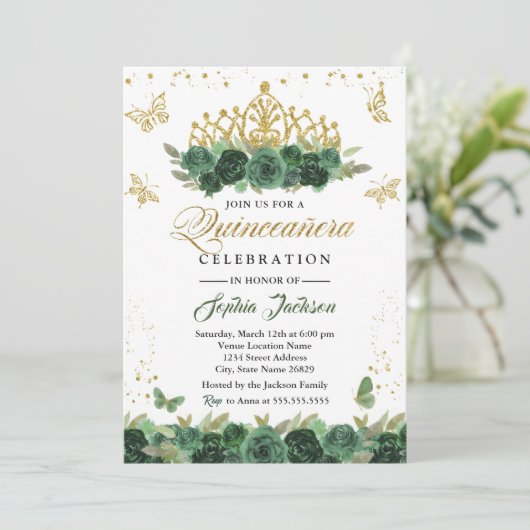 エメラルドグリーンの花飾り蝶のティアラ キンセアニエラ 招待状 (スタンド正面)