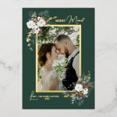 エメラルドグリーンの若草のヴィンテージな結婚記念日のおめでたい肖像画 箔シーズンカード (正面)