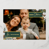 エメラルドグリーンの若葉 ヴィンテージ ファミリーニュースレター 写真 箔シーズンカード (正面)