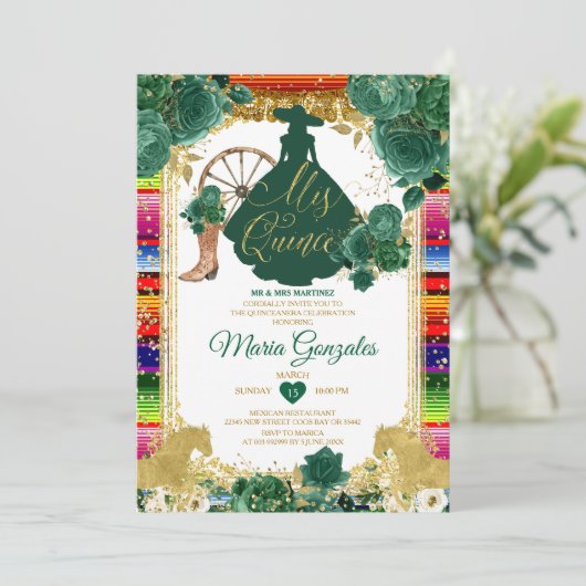 エメラルドグリーンの輝くミス・キンセ 15歳の誕生日 招待状 (スタンド正面)