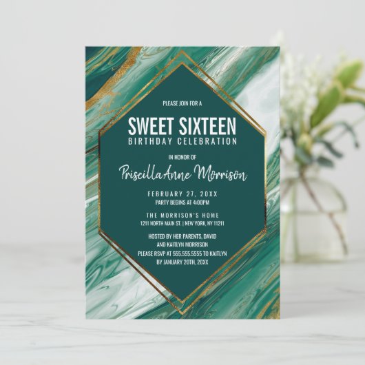 エメラルドグリーンの金ゴールドの抽象芸術の瑪瑙の大理石の菓子16 招待状 (スタンド正面)