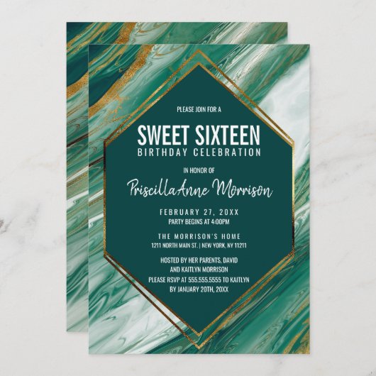 エメラルドグリーンの金ゴールドの抽象芸術の瑪瑙の大理石の菓子16 招待状 (正面/裏面)