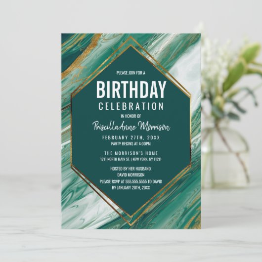 エメラルドグリーンの金ゴールドの抽象芸術の瑪瑙の大理石の誕生日 招待状 (スタンド正面)