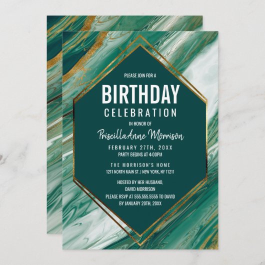 エメラルドグリーンの金ゴールドの抽象芸術の瑪瑙の大理石の誕生日 招待状 (正面/裏面)