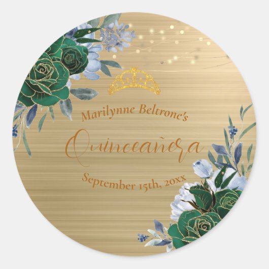 エメラルドグリーンの金色の花のQuinceañera ラウンドシール (正面)