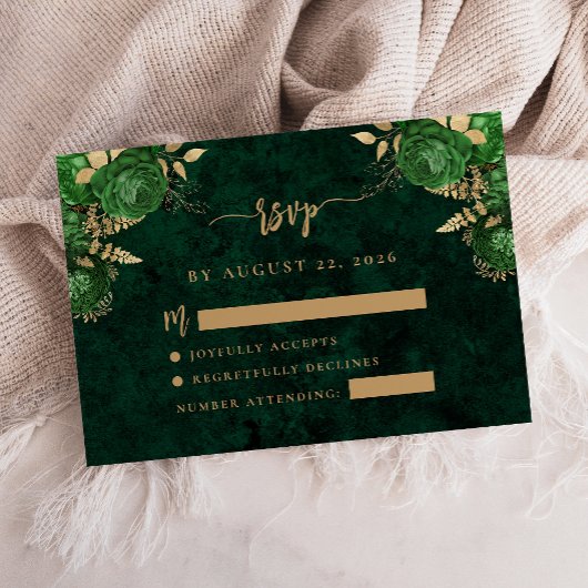 エメラルドグリーンの金色の花アゲートの結婚式RSVP エンクロージャーカード