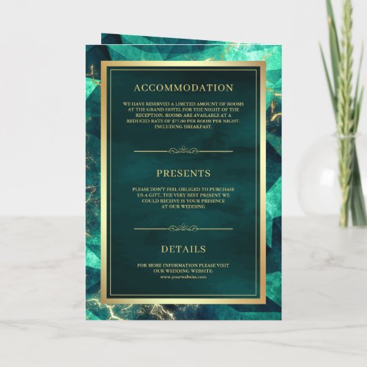 エメラルドグリーンの金色宝石QRコード付きムスリムウェディング 招待状 (裏面)