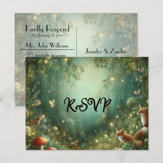 エメラルドグリーンの魔法の森の結婚式RSVP インビテーションポストカード (正面/裏面)