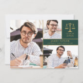 エメラルドグリーンの3枚の写真を使った法科大学院卒業パーティー招待状 招待状 (正面)