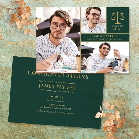 エメラルドグリーンの3枚の写真を使った法科大学院卒業パーティー招待状 招待状