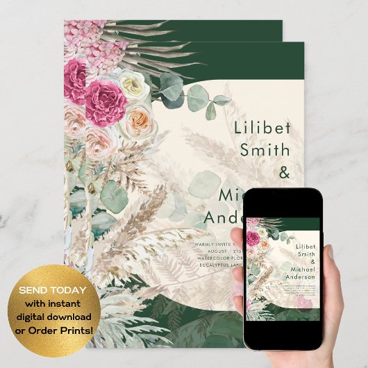 エメラルドグリーンのBOHO フラワーピンク ウェディング 招待状