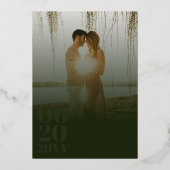 エメラルドグリーンはっきりしたミニマリスト型結婚写真 箔招待状 (裏面)
