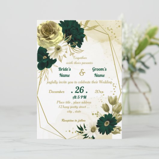 エメラルドグリーンアイボリー金ゴールドフローラ幾何結婚の 招待状 (スタンド正面)