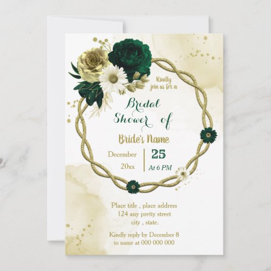 エメラルドグリーンアイボリー金ゴールドリースブライダルシャワー 招待状 (正面)