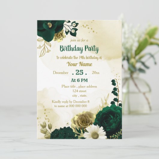 エメラルドグリーンアイボリー金ゴールド花の誕生日パーティー 招待状 (スタンド正面)