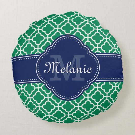 エメラルドグリーンウィットモロッコパターンネイビーモノグラム ラウンドクッション (裏面)