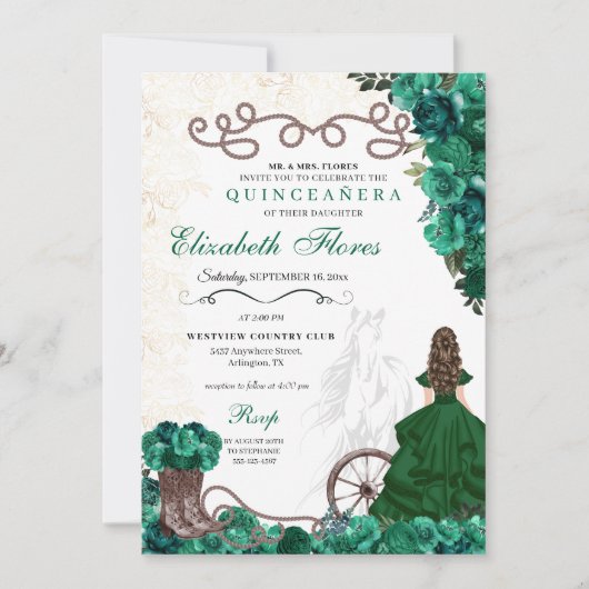 エメラルドグリーンウェスタンプリンセスチャラキンセアニラ 招待状 (正面)