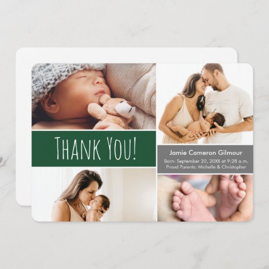 エメラルドグリーンウェルカムホーム男の赤ちゃんフォトコラージュ サンキューカード (正面/裏面)