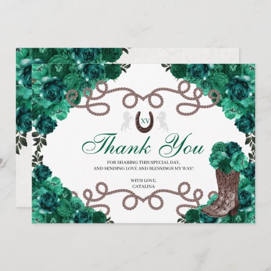 エメラルドグリーンウエスタンホースキンセアニェラありがとう サンキューカード (正面/裏面)