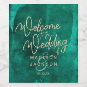 エメラルドグリーンウォーターのカラー&金ゴールド結婚ズウェルカム ワインラベル (シングルラベル)