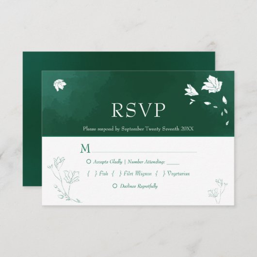 エメラルドグリーンウォーターカラーフローラウェディングRSVP 出欠カード (正面/裏面)